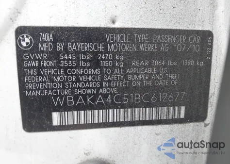 2011 BMW 740I from USA, damaged, VIN WBAKA4C51BC612677